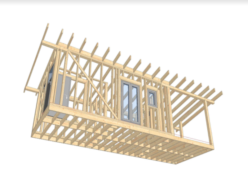 Pre-cut house frame with a terrace