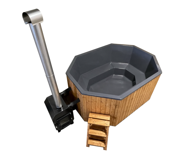 2.1×2.8 m 8-cornered hot tub with fiberglass interior and external stove