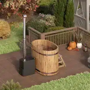 Oval wooden hot tub with outside heater (spruce/thermowood)