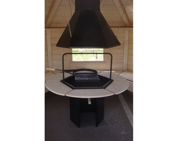 Grill house fire pit with flue and chimney