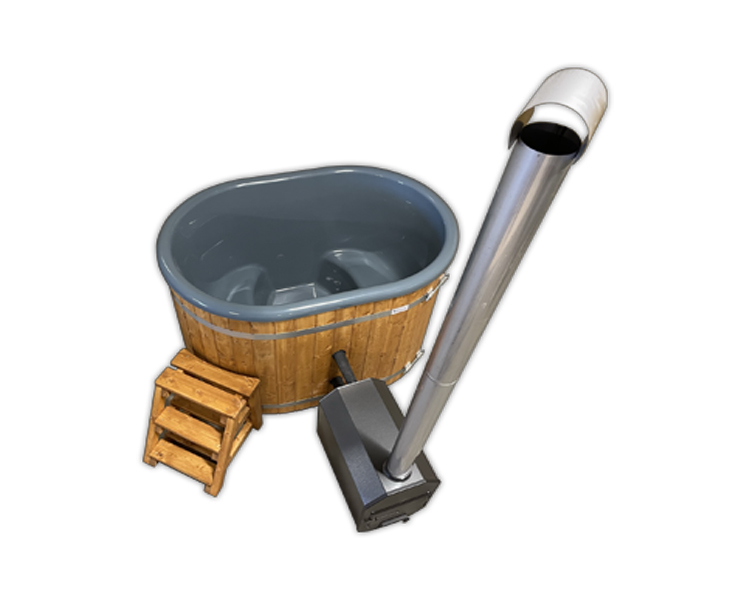 1.65m oval hot tub with fiberglass liner, external stove
