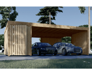 Double wooden carport with shed and side wall LUNA DUO F PLUS (7,6×5,6 m)