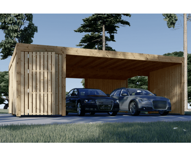 Double wooden carport with shed and side wall LUNA DUO F PLUS (7,6×5,6 m)