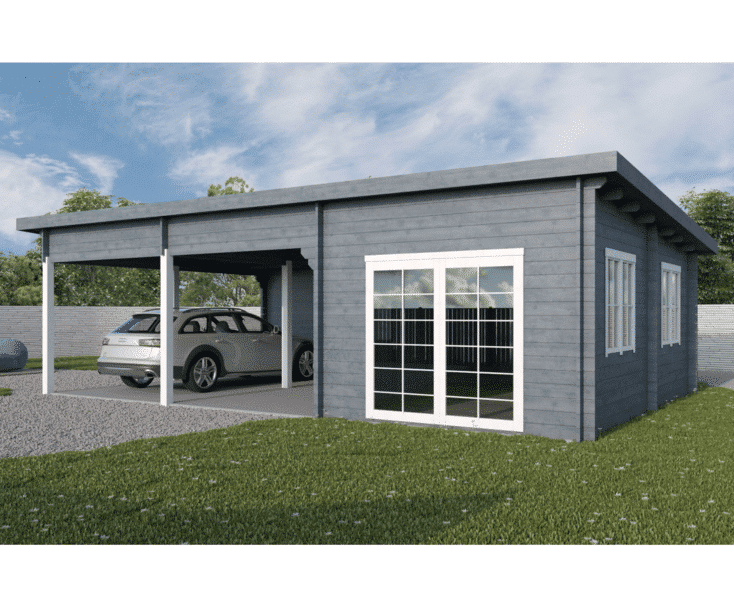 Tivoli – Double carport flat roof with shed (5,95 m x 7.5m), 44mm
