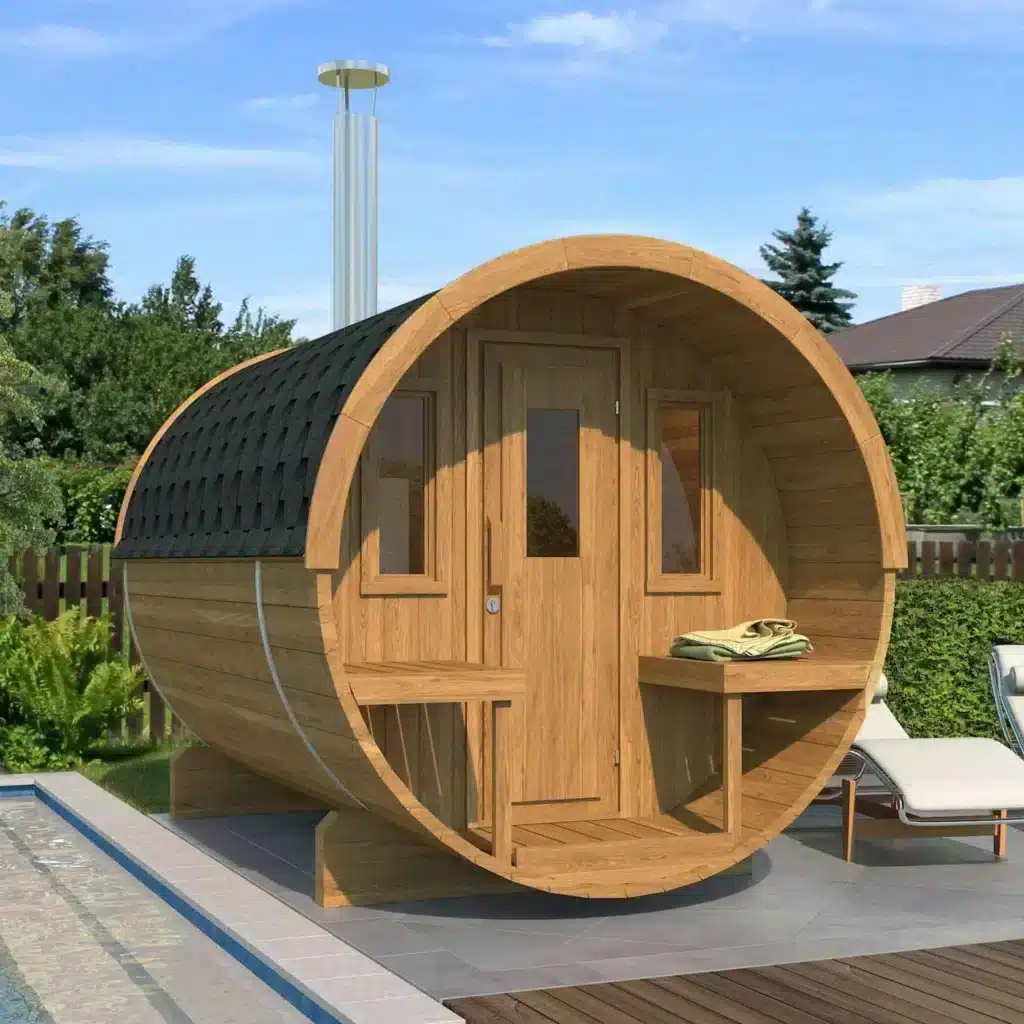 “Ehala 250” barrel sauna – 2.5m from thermowood, with outdoor seating