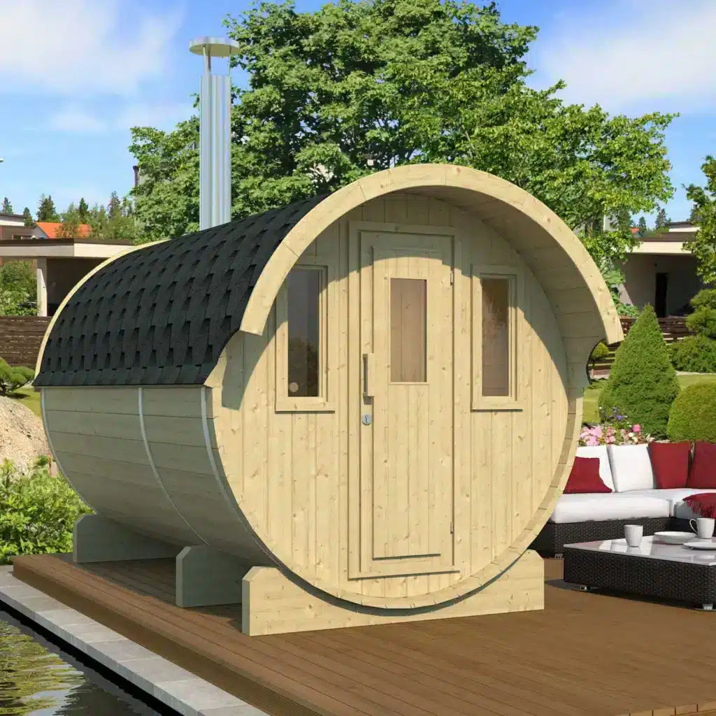 “Ehala 330” barrel sauna – 3.3m, with changing room and overhang