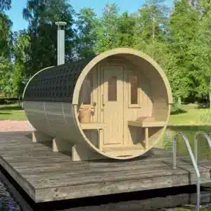 “Ehala 400 deluxe” barrel sauna – 4m, with half-moon back window, changing room, and terrace